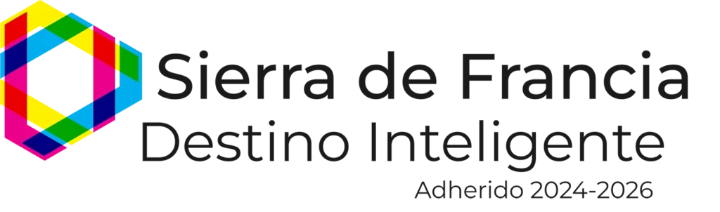 Logo de Sierra de Francia Destino Inteligente con hexágono colorido multicolor y texto, Adherido 2024-2026