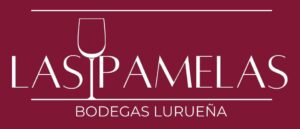 Logo de Las Pamelas Bodegas Lurueña con copa de vino en diseño elegante sobre fondo burgundy
