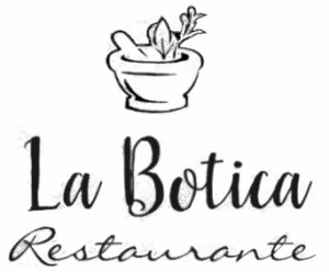 Logo del Restaurante La Botica con mortero y flores, Sierra de Francia