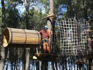 Persona en arnés atravesando tubo de madera en circuito de aventura entre árboles del bosque.