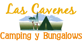 Logo de Las Cavenes: camping y bungalows en la Sierra de Francia con tienda de campaña entre montañas verdes