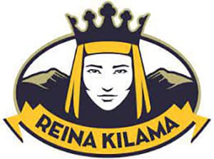 Logotipo de Cooperativa Reina Kilama con corona, mujer y montañas en colores amarillo y negro.
