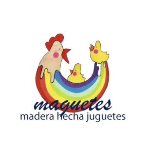 Logo de Maguetes: gallina y pollitos de madera con arcoíris multicolor. Artesanía tradicional de juguetes de madera.