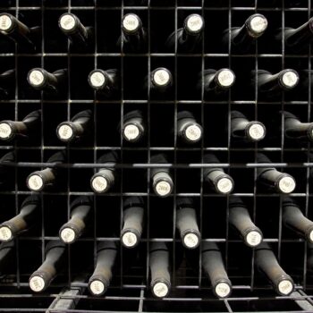 Botellas de vino envejecido en bodega tradicional, organizadas en rejilla metálica negra.