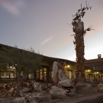 Plaza nocturna de pueblo medieval con edificios de piedra, ivy cubierto, iluminación cálida y escultura de árbol retorcido al atardecer.