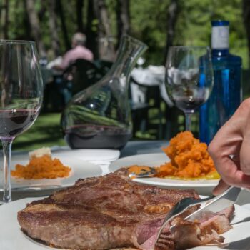 Comida gourmet en jardín: filete, vino tinto y vistas naturales en restaurante de la Sierra de Francia