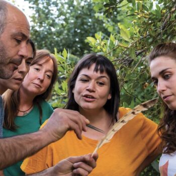 Grupo de turistas observa flora nativa en excursión por la Sierra de Francia, rodeados de vegetación natural.
