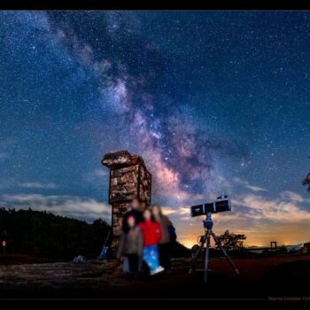 Observatorio nocturno en Sierra de Francia con Vía Láctea, telescopio y visitantes bajo estrellado cielo.